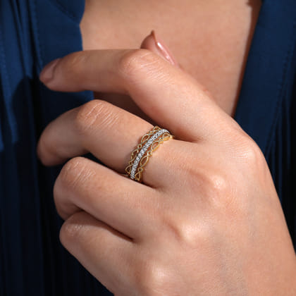 14K Yellow Gold Geometric and Diamond Three Row Stackable Ring