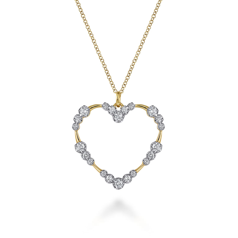 14K Yellow Gold Graduated Diamond Station Heart Pendant Necklace - 0.55 ct - Shot 1