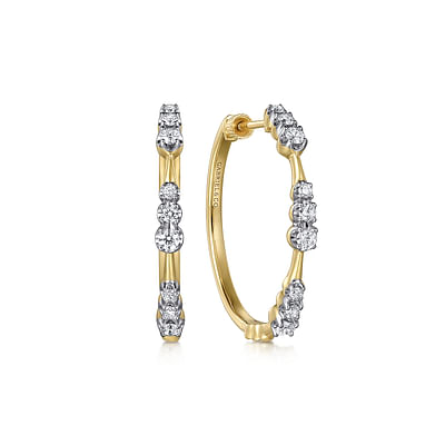 14K Yellow Gold Graduated Diamond Station Round Classic 30mm Hoop Earrings