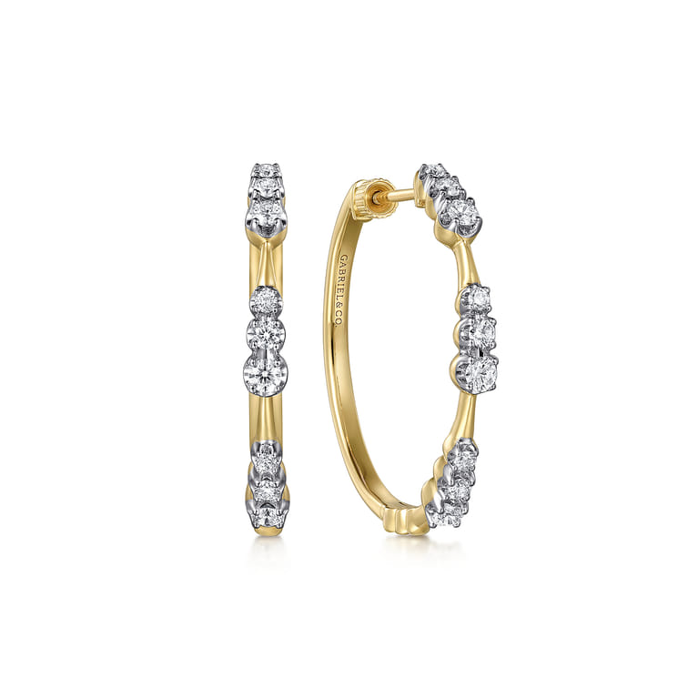 14K Yellow Gold Graduated Diamond Station Round Classic 30mm Hoop Earrings - 0.75 ct - Shot 1