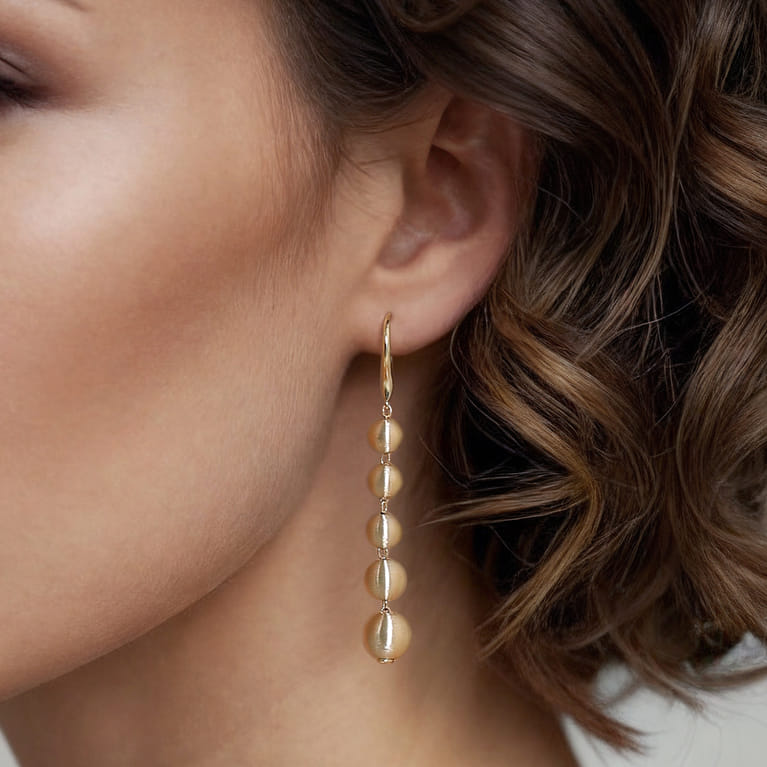 14K Yellow Gold Graduating Bujukan Beads Leverback Drop Earrings - Shot 4