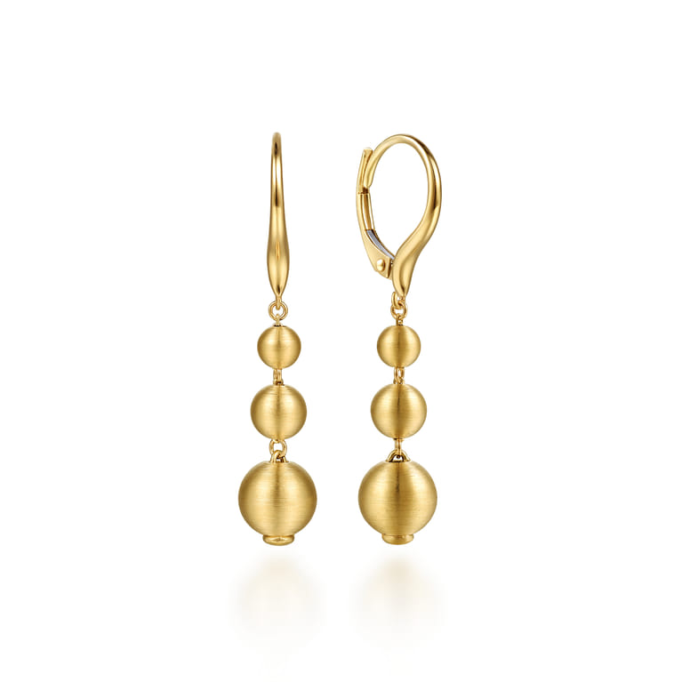 14K Yellow Gold Graduating Bujukan Beads Leverback Drop Earrings - Shot 1
