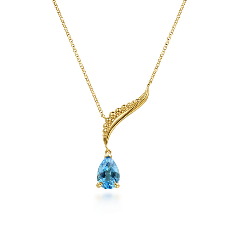 14K Yellow Gold Graduating Bujukan Pear Blue Topaz Y Necklace - Shot 1