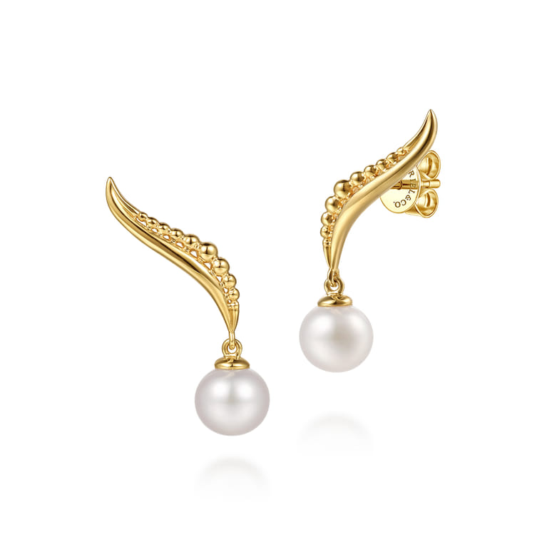 14K Yellow Gold Graduating Bujukan Pearl Stud Drop Earrings - Shot 1