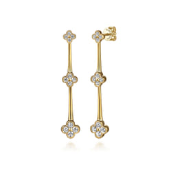 14K Yellow Gold Graduating Diamond Clover Stud Drop Earrings
