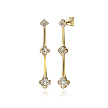 14K Yellow Gold Graduating Diamond Clover Stud Drop Earrings