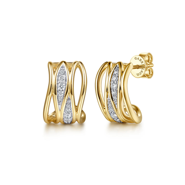 14K Yellow Gold Graduating Diamond J Hoop Earrings - 0.23 ct - Shot 1