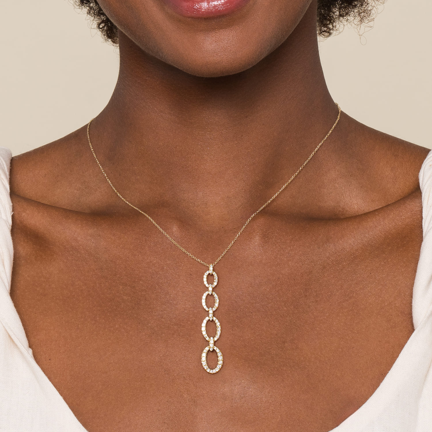 14K Yellow Gold Graduating Diamond Oval Link Drop Pendant Necklace - 1.51 ct - Shot 3