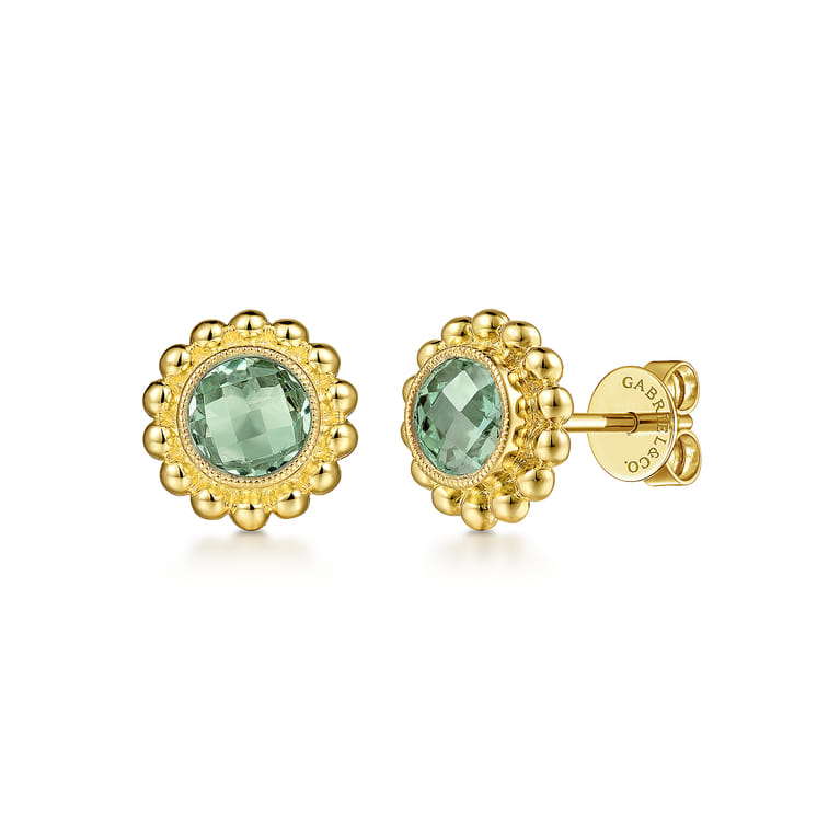 14K Yellow Gold Green Amethyst Bujukan Stud Earrings - Shot 1