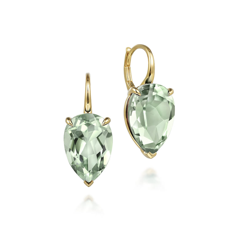 14K Yellow Gold Green Amethyst Flat Pear Earrings - Shot 1