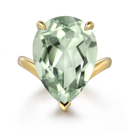 14K Yellow Gold Green Amethyst Pear Ladies Ring