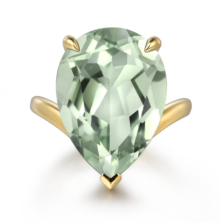14K Yellow Gold Green Amethyst Pear Ladies Ring - Shot 1