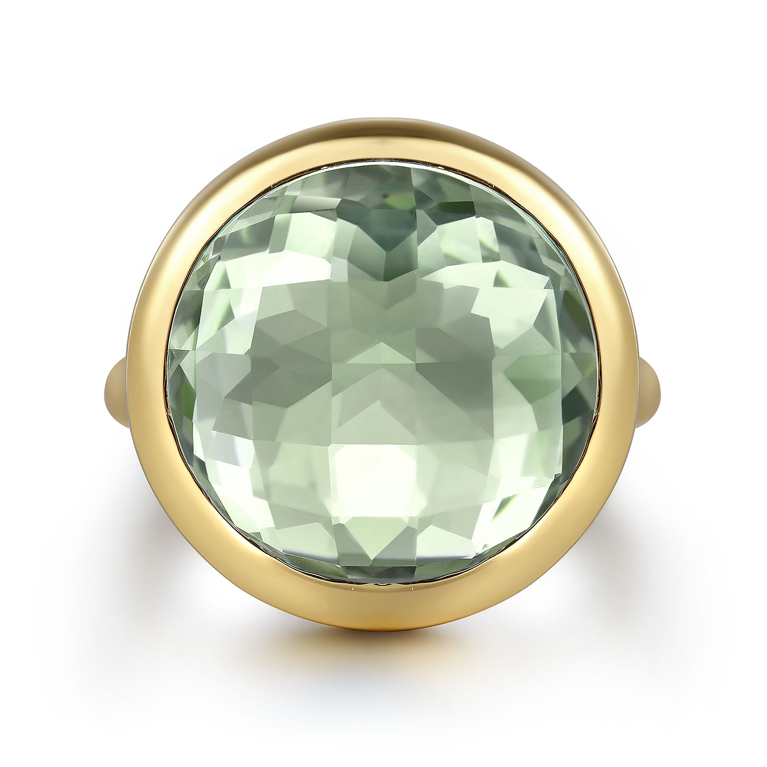 14K Yellow Gold Green Amethyst Round Shape Ladies Ring With Flower Pattern J-Back