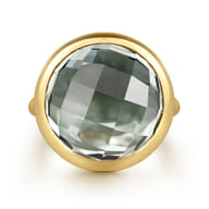 14K Yellow Gold Green Amethyst Round Shape Ladies Ring With Flower Pattern J-Back
