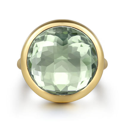 14K Yellow Gold Green Amethyst Round Shape Ladies Ring With Flower Pattern J-Back