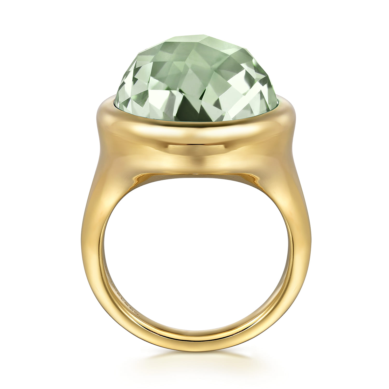 14K Yellow Gold Green Amethyst Round Shape Ladies Ring With Flower Pattern J-Back