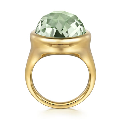 14K Yellow Gold Green Amethyst Round Shape Ladies Ring With Flower Pattern J-Back