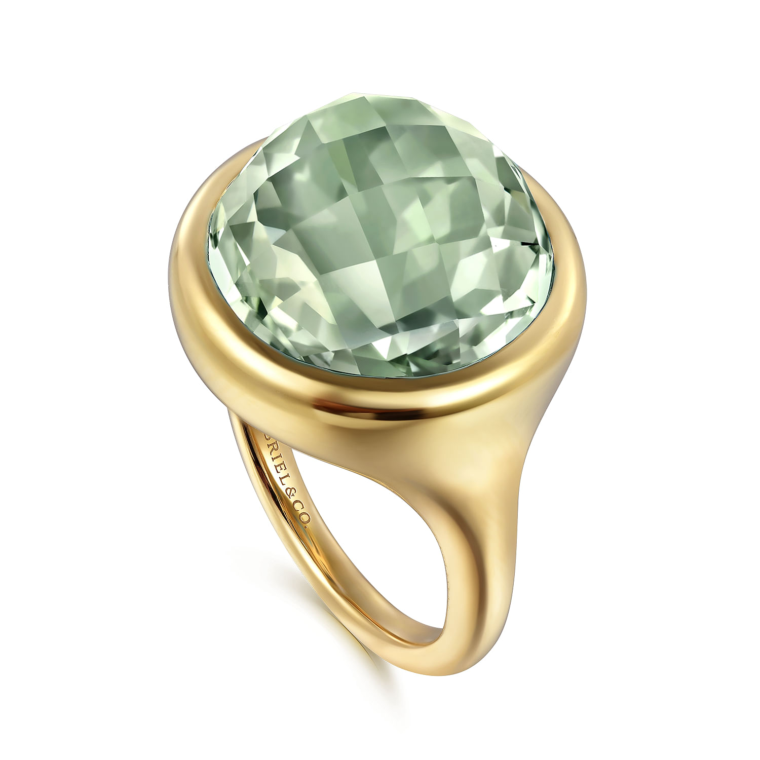 14K Yellow Gold Green Amethyst Round Shape Ladies Ring With Flower Pattern J-Back