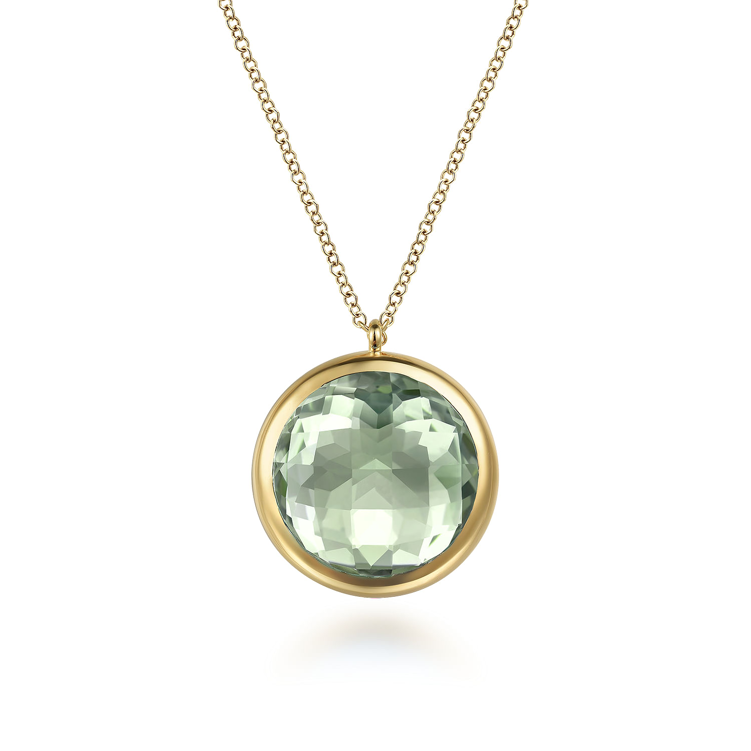 14K Yellow Gold Green Amethyst Round Shape Necklace With Flower Pattern J-Back