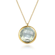 14K Yellow Gold Green Amethyst Round Shape Necklace With Flower Pattern J-Back