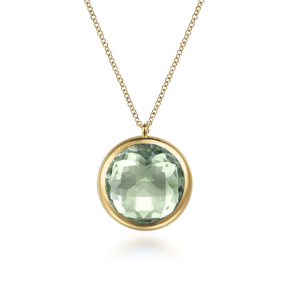14K Yellow Gold Green Amethyst Round Shape Necklace With Flower Pattern J-Back