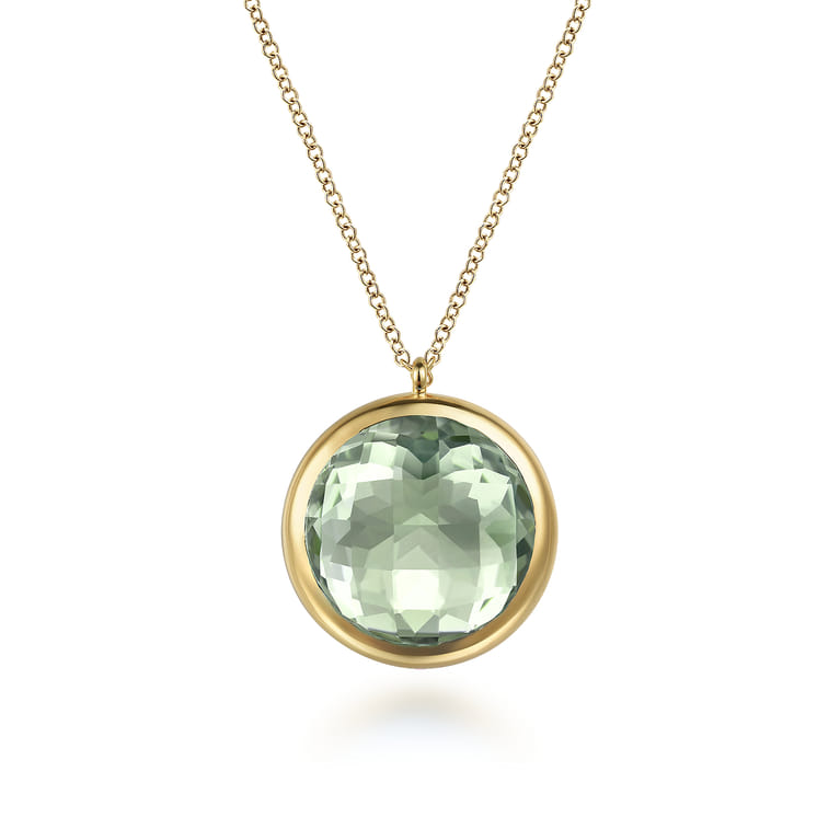 14K Yellow Gold Green Amethyst Round Shape Necklace With Flower Pattern J-Back - Shot 1