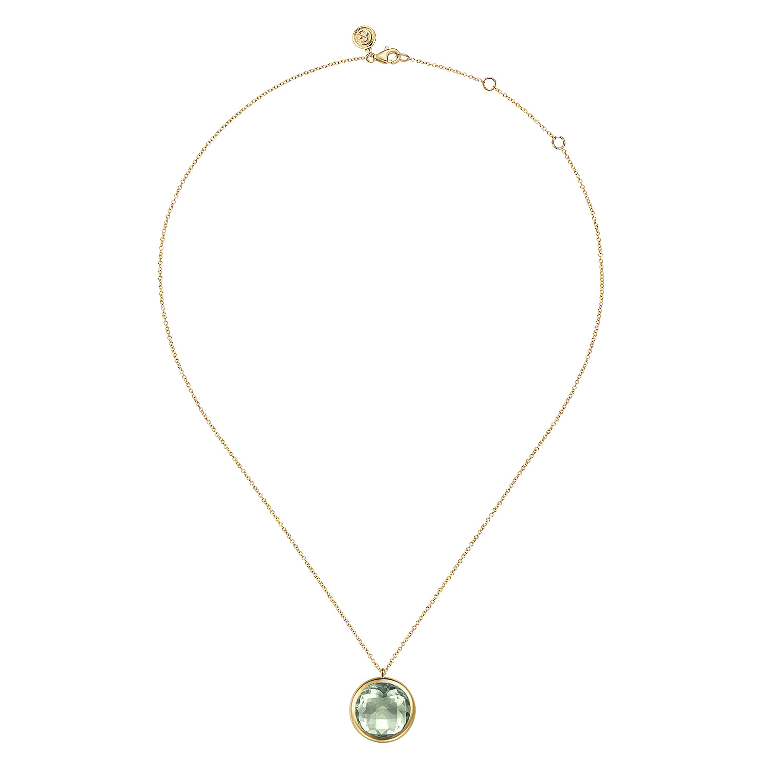 14K Yellow Gold Green Amethyst Round Shape Necklace With Flower Pattern J-Back