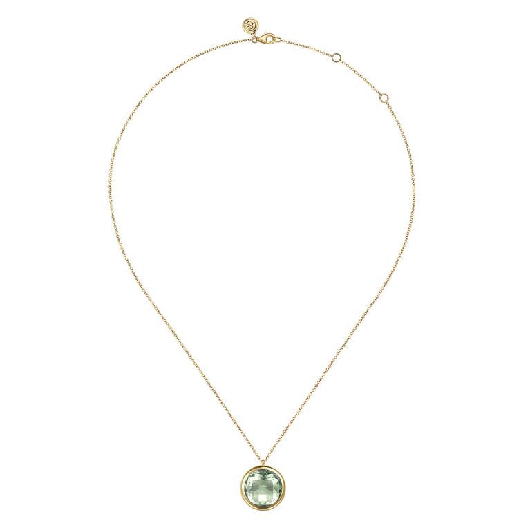 14K Yellow Gold Green Amethyst Round Shape Necklace With Flower Pattern J-Back - Shot 2