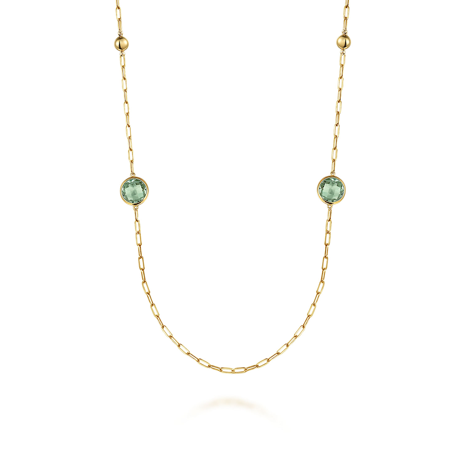 14K Yellow Gold Green Amethyst Round Shape Necklace With Four Stations Beads and Bezel Setting