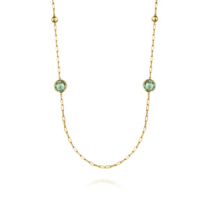 14K Yellow Gold Green Amethyst Round Shape Necklace With Four Stations Beads and Bezel Setting