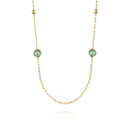 14K Yellow Gold Green Amethyst Round Shape Necklace With Four Stations Beads and Bezel Setting