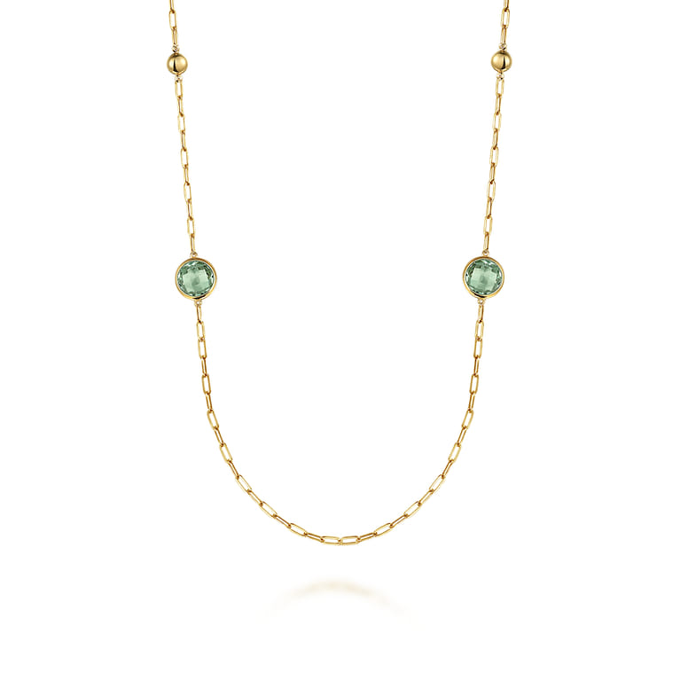 14K Yellow Gold Green Amethyst Round Shape Necklace With Four Stations Beads and Bezel Setting - Shot 1