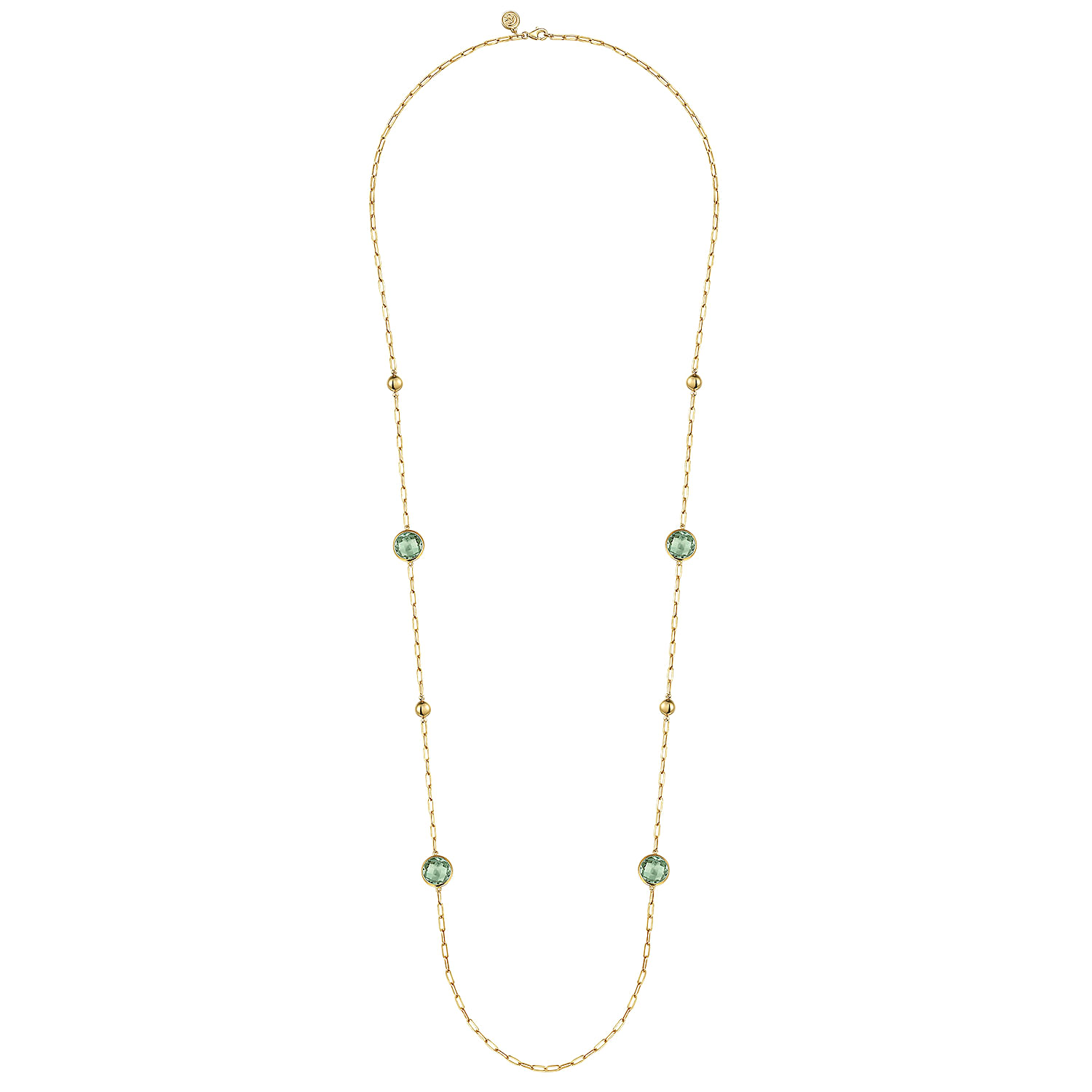 14K Yellow Gold Green Amethyst Round Shape Necklace With Four Stations Beads and Bezel Setting