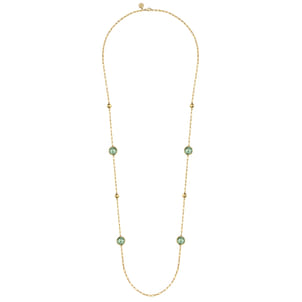 14K Yellow Gold Green Amethyst Round Shape Necklace With Four Stations Beads and Bezel Setting