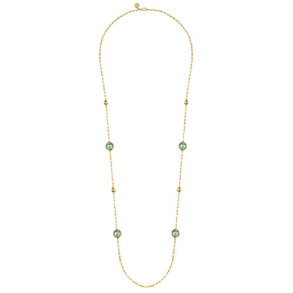 14K Yellow Gold Green Amethyst Round Shape Necklace With Four Stations Beads and Bezel Setting