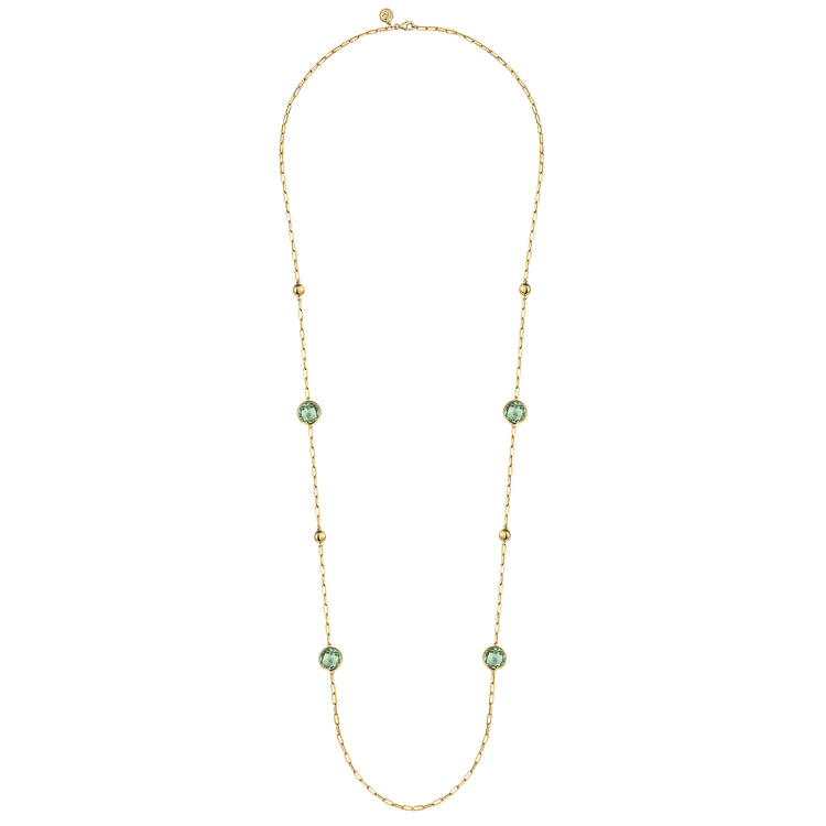 14K Yellow Gold Green Amethyst Round Shape Necklace With Four Stations Beads and Bezel Setting