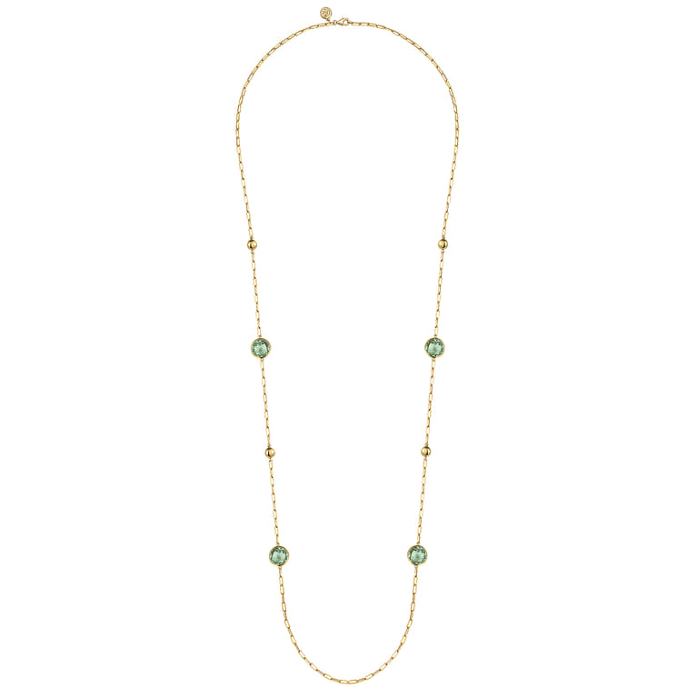 14K Yellow Gold Green Amethyst Round Shape Necklace With Four Stations Beads and Bezel Setting - Shot 2