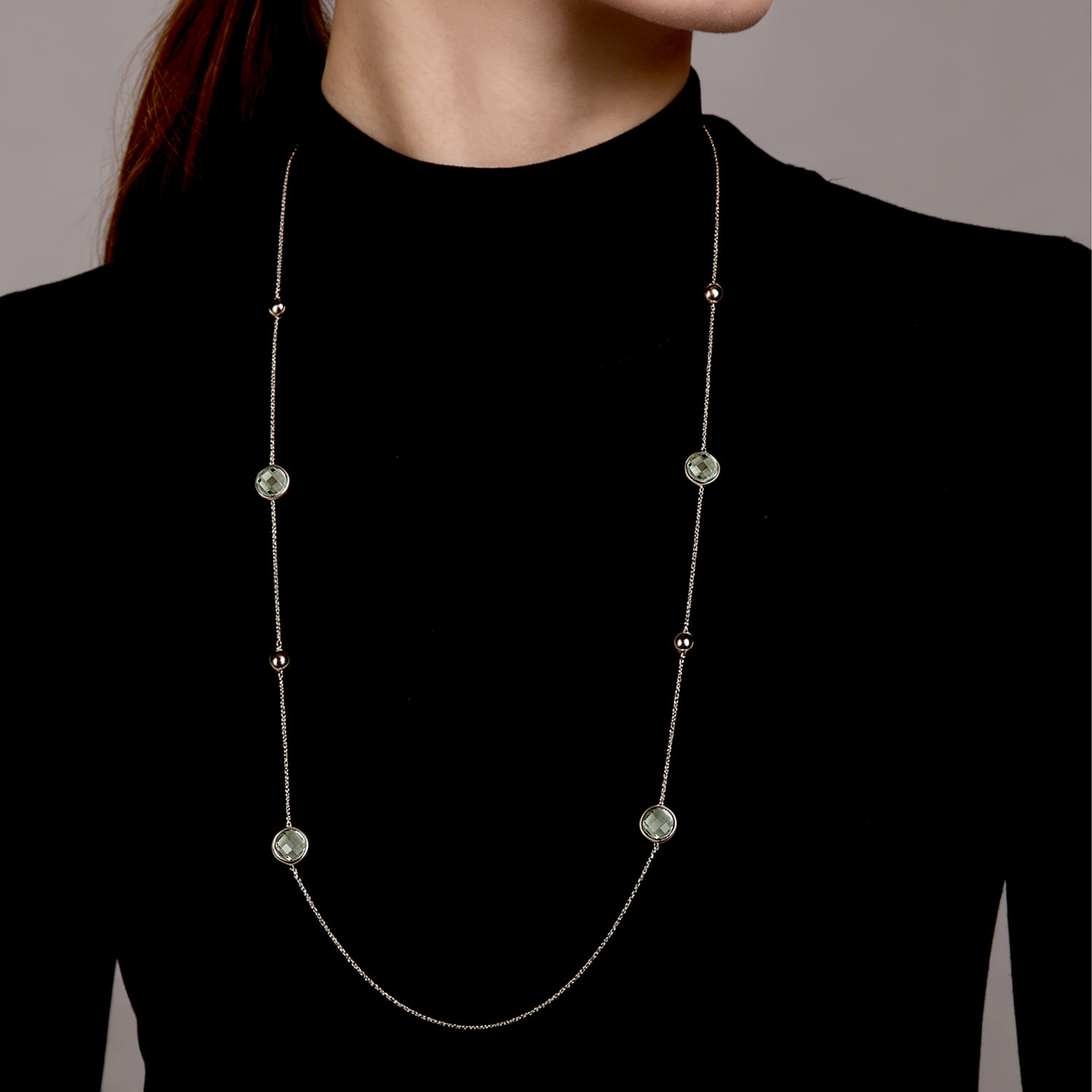 14K Yellow Gold Green Amethyst Round Shape Necklace With Four Stations Beads and Bezel Setting - Shot 3