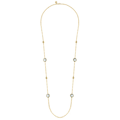 14K Yellow Gold Green Amethyst Round Shape Necklace with Four Stations Beads and Bezel Setting
