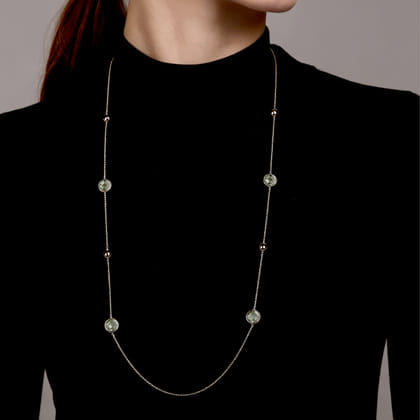 14K Yellow Gold Green Amethyst Round Shape Necklace with Four Stations Beads and Bezel Setting