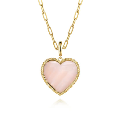 14K Yellow Gold Heart Pink Mother of Pearl Bujukan Medallion Pendant With Detachable Bail