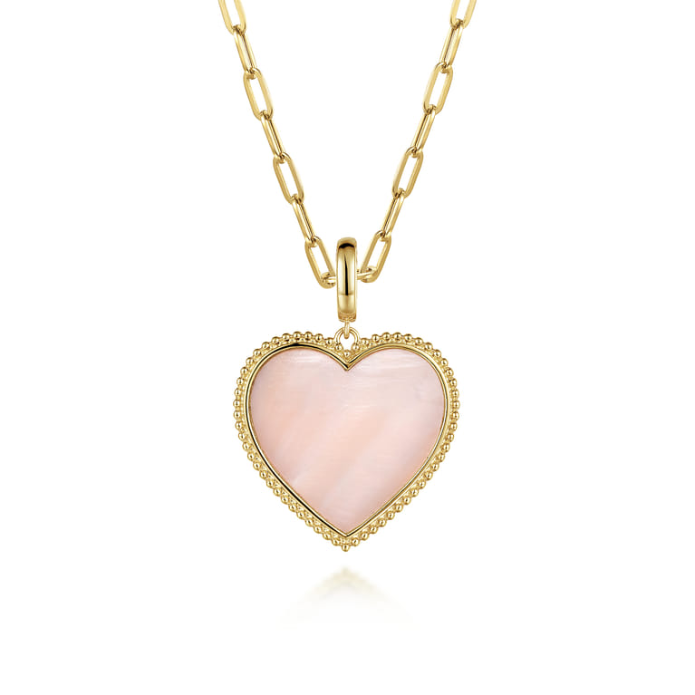 14K Yellow Gold Heart Pink Mother of Pearl Bujukan Medallion Pendant With Detachable Bail - Shot 3
