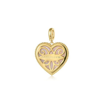 14K Yellow Gold Heart Pink Mother of Pearl Bujukan Medallion Pendant with Detachable Bail