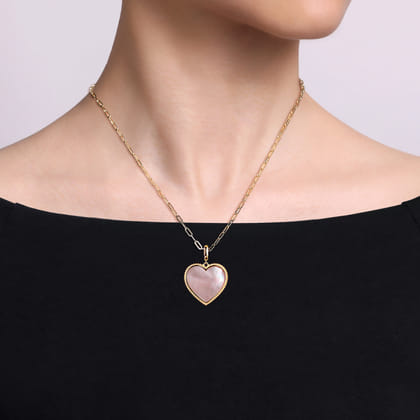 14K Yellow Gold Heart Pink Mother of Pearl Bujukan Medallion Pendant with Detachable Bail