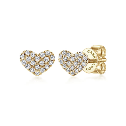 14K Yellow Gold Heart Shaped Pave Diamond Stud Earrings