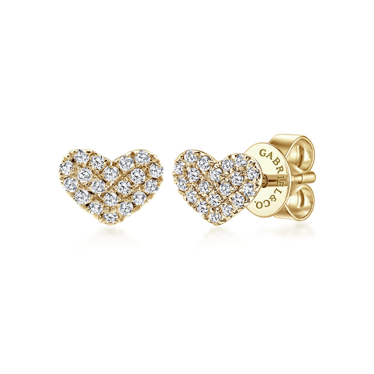 14K Yellow Gold Heart Shaped Pave Diamond Stud Earrings - 0.12 ct - Shot 1