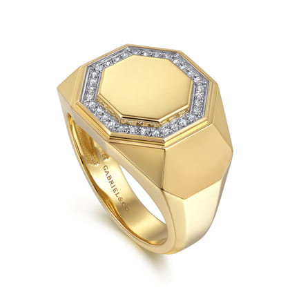 14K Yellow Gold Hexagon Diamond Ring in High Polish Finish