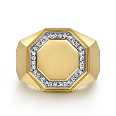 14K Yellow Gold Hexagon Diamond Ring in Sand Blast Finish