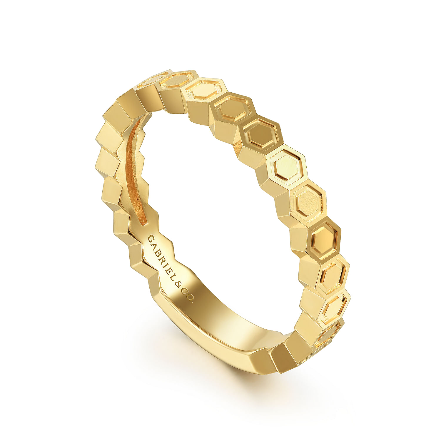 14K Yellow Gold Hexagon Station Stackable Ring - Shot 3
