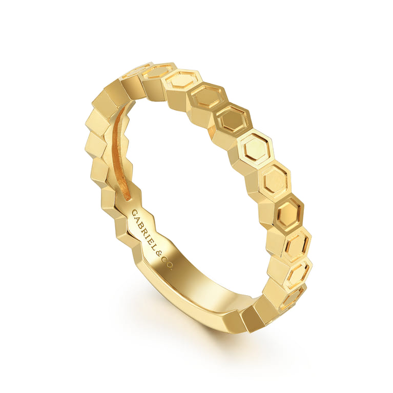 14K Yellow Gold Hexagon Station Stackable Ring - Shot 3